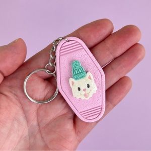 Festive Sparkly Kitty Cat Handmade Polymer Clay Hotel Style Key Chain